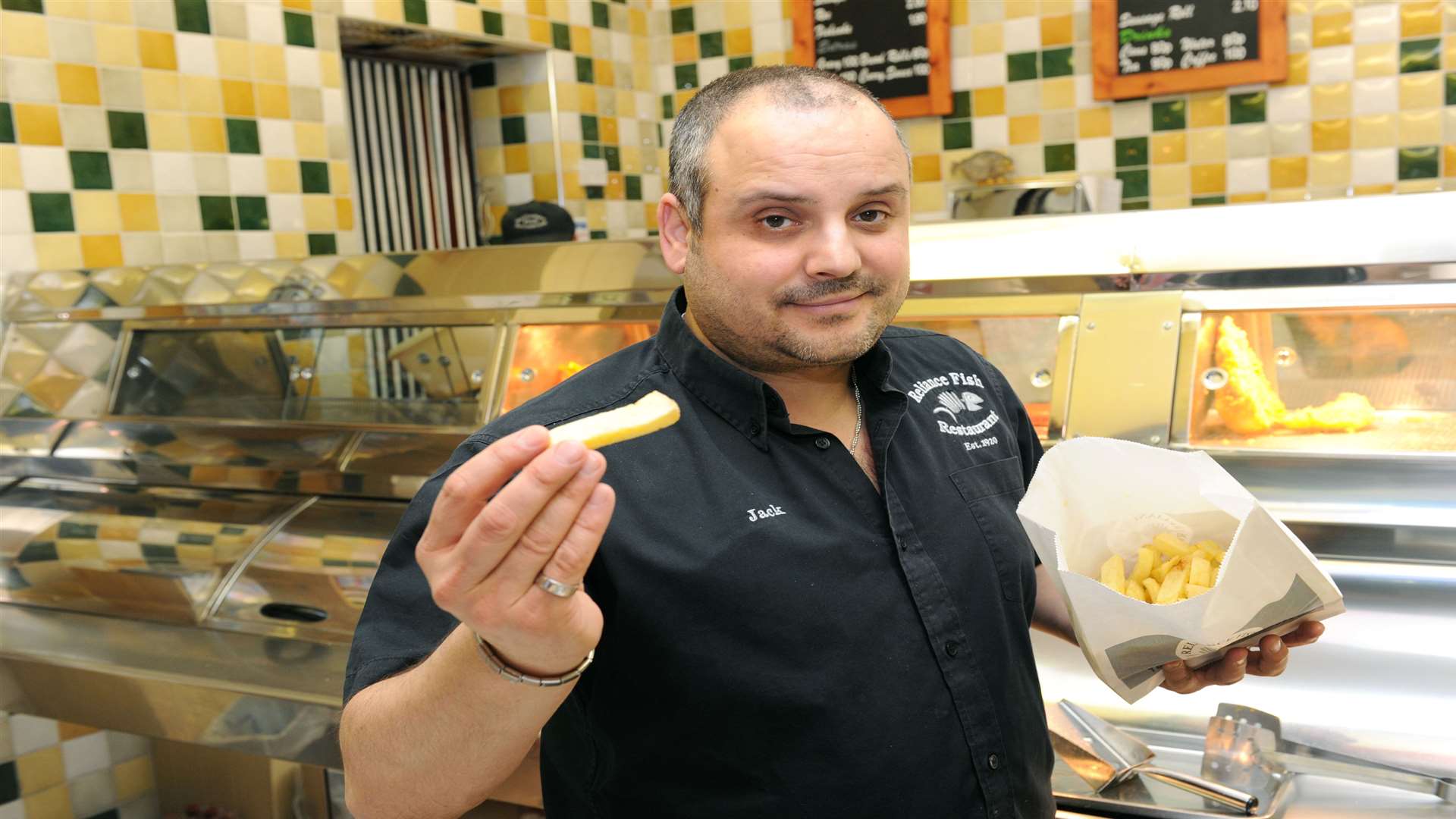 Jack Kamenou with his fish n chips.