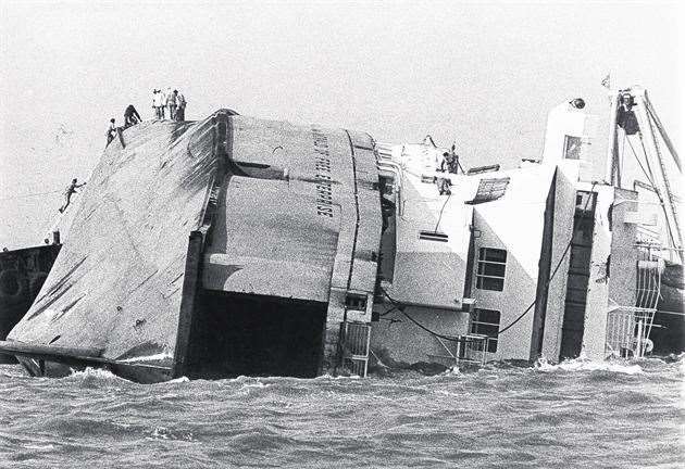 The capsized Herald of Free Enterprise just outside the port of Zeebrugge