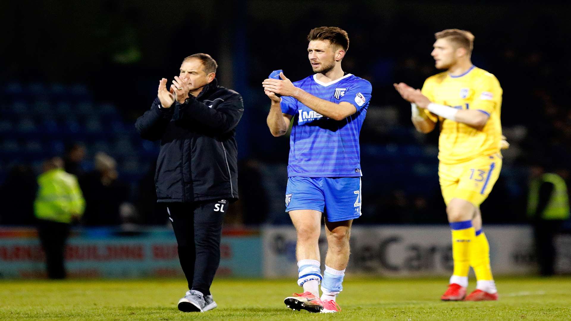 Boss Steve Lovell and defender Luke O'Neill thank the Gills fans for their support on Saturday Picture: Andy Jones