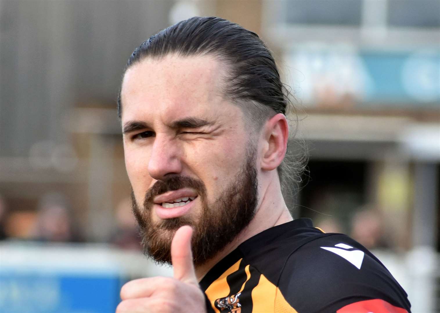 Two-goal forward Tom Derry gives the thumbs-up against Lewes. Picture: Randolph File