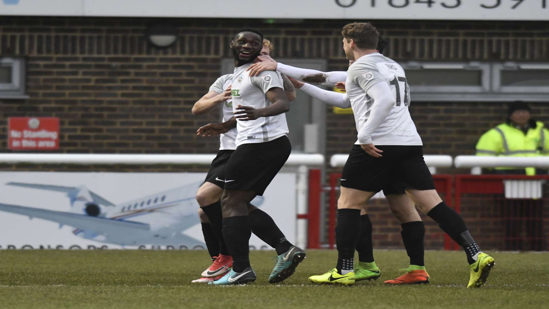 Manny Parry celebrates scoring Dover's opening goal. Picture: Tony Flashman