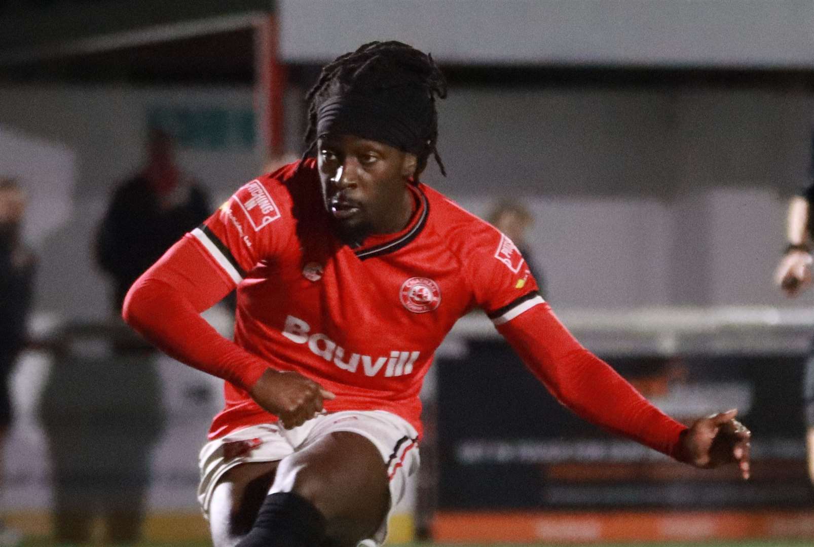 Eze Ebuzoeme - the ex-Chatham midfielder capped Folkestone’s 3-0 FA Trophy triumph at Barton Rovers in fine style with a goal-of-the-month contender. Picture: Max English (@max_ePhotos)