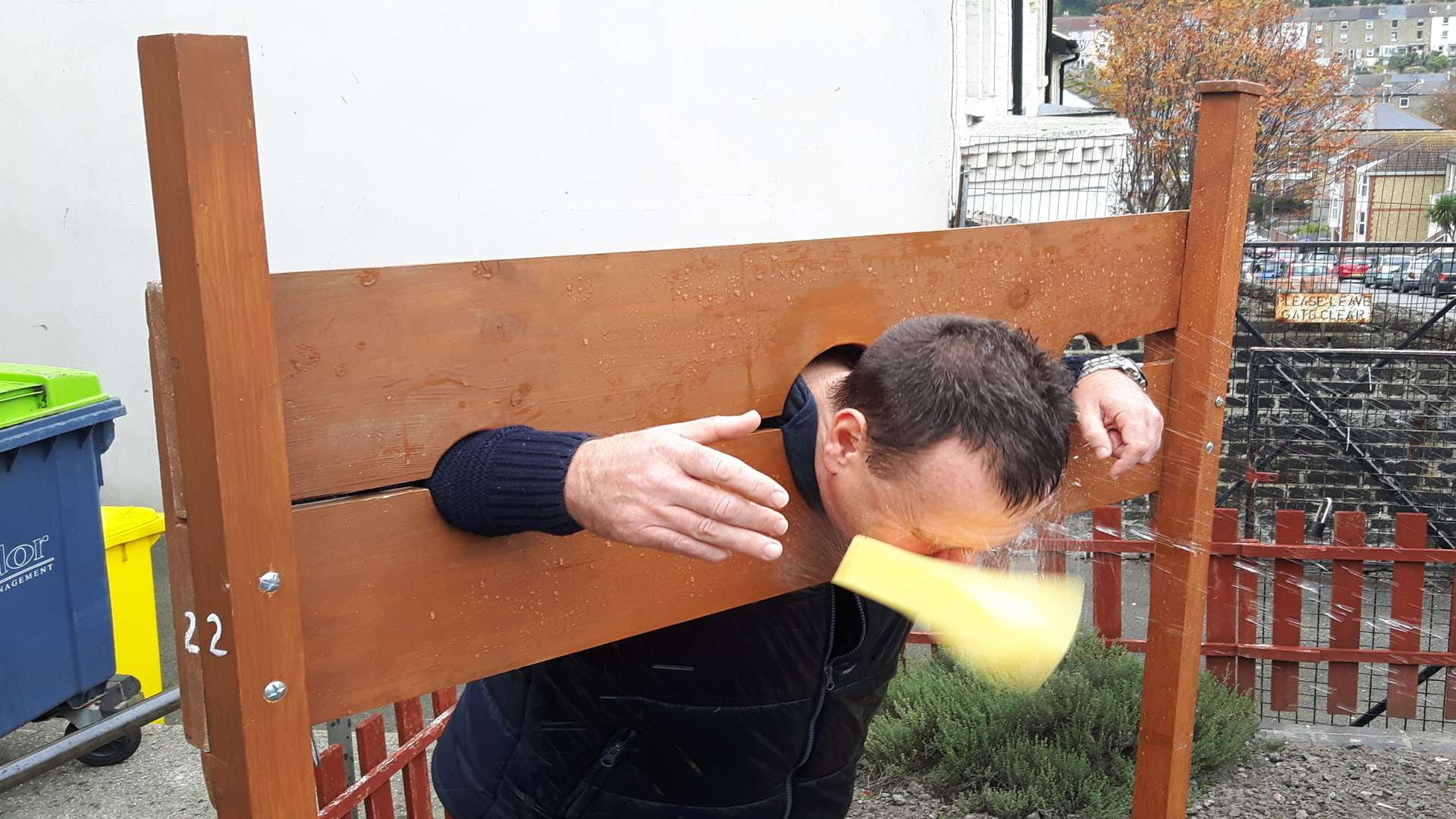 New town councillor John Heron, splattered with a wet sponge in stocks.