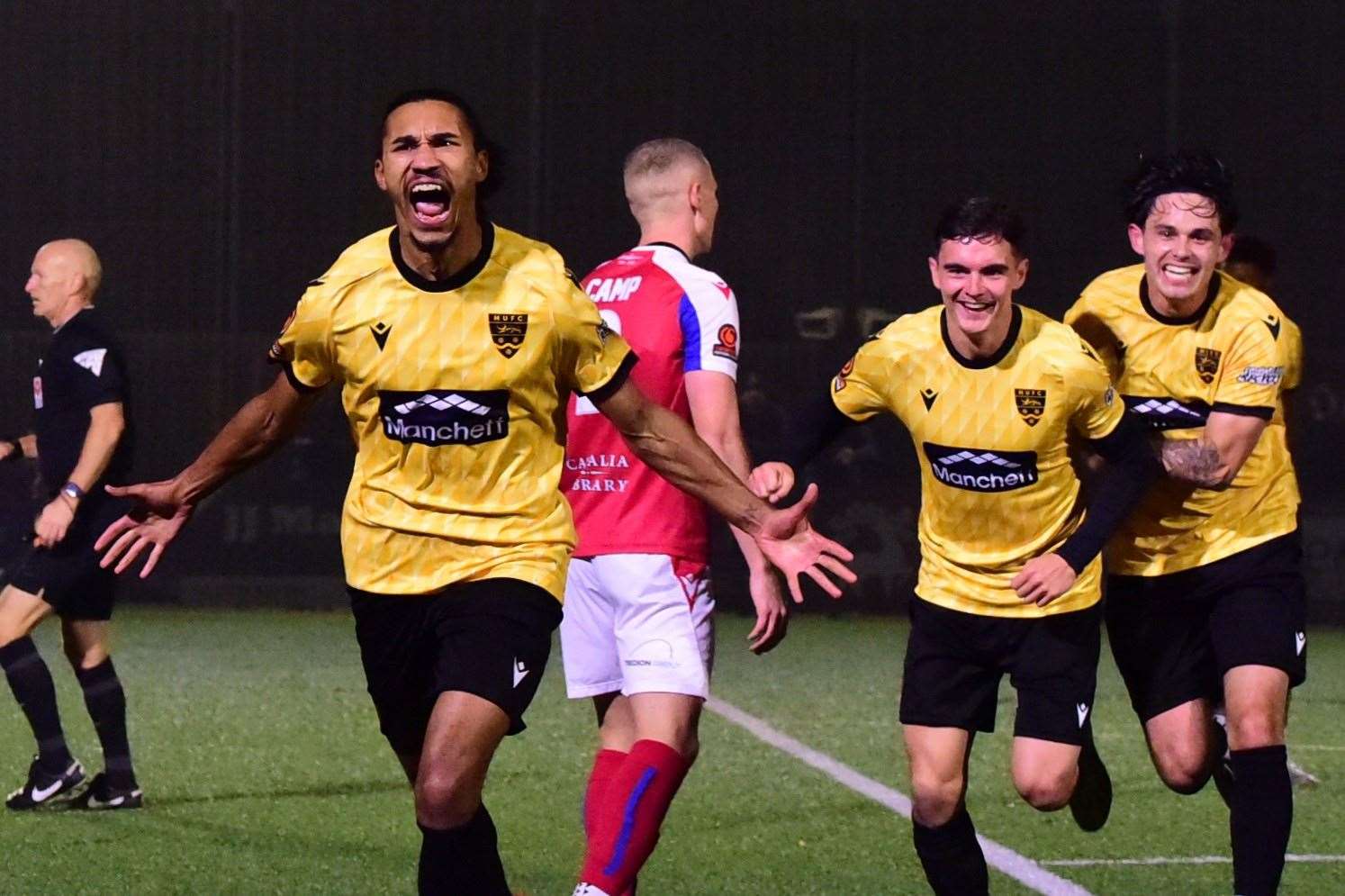 Aaron Blair celebrates after scoring Maidstone's second-half equaliser in the 1-1 draw at Dorking. Picture: Steve Terrell