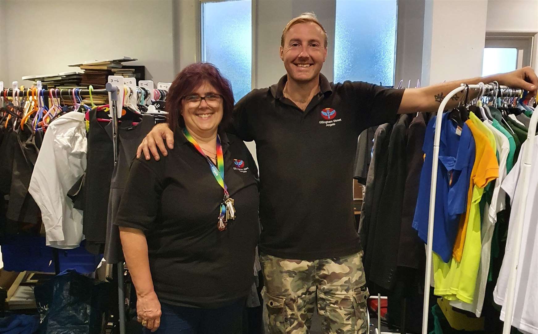 Gina Carpenter and Steve Blakelock in the school uniform warehouse