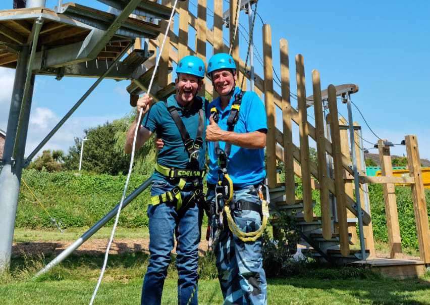 Ski jumper Eddie the Eagle opened the refurbished ski slope at Folkestone Sports Centre in 2021, and had to be 'rescued' from the high ropes. Picture: Steve Rich