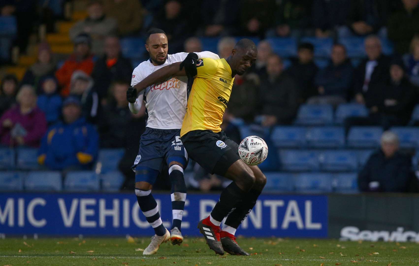 Dover' Manny Adebowale battles for the ball in their defeat to Bury in the FA Cup. Picture: Dave Thompson/EMPICS Sport.