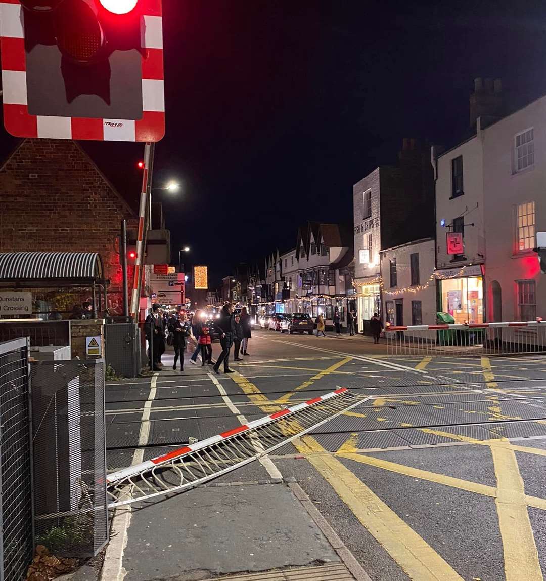 One of the dented barriers at St Dunstan's level crossing snapped off. Picture: Andrew Scott