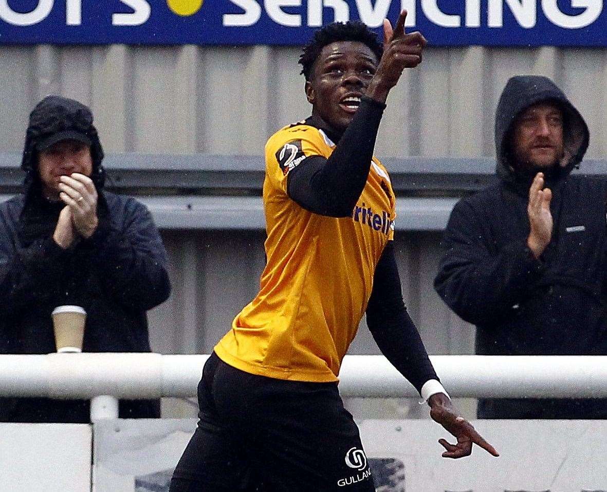 Justin Amaluzor celebrates his winning goal for Maidstone Sean Aidan