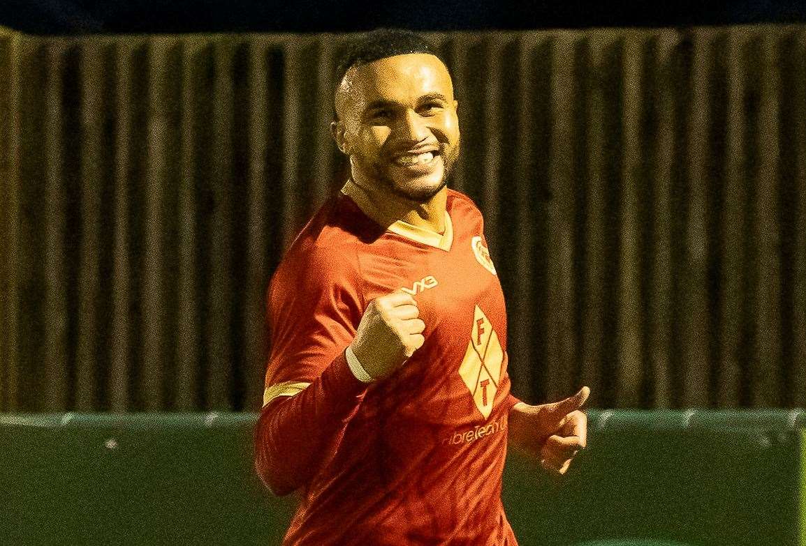 Dean Grant celebrates scoring the winner for Whitstable in the Kent Senior Trophy at VCD. Picture: Les Biggs