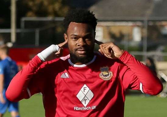 Josh Williams - on target for Whitstable against Faversham Strike Force. Picture: Les Biggs