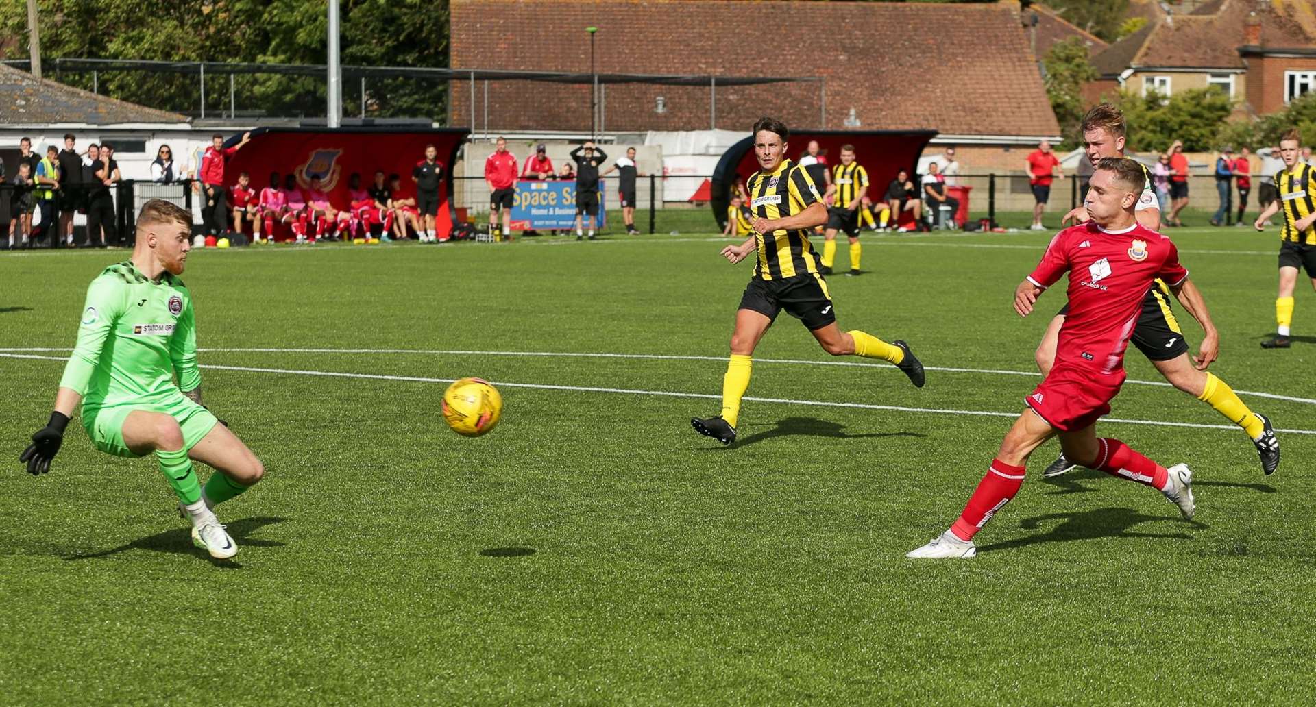 Josh Oliver scores his second for Whitstable against Erith Town Picture: Les Biggs