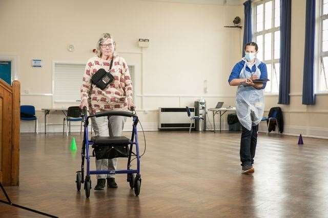 Carol Holt, from Swanscombe, takes the test to see how she's coping after having Covid-19 and is put through her paces by project leader Kate Savage. Picture: Kent Community Health NHS Trust