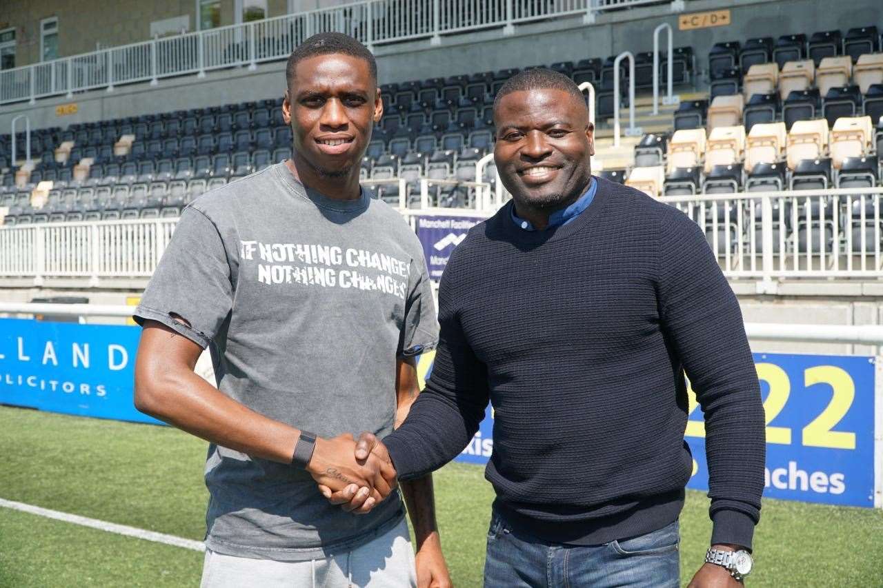 Maidstone new boy Temi Eweka with manager George Elokobi. Picture: MUFC