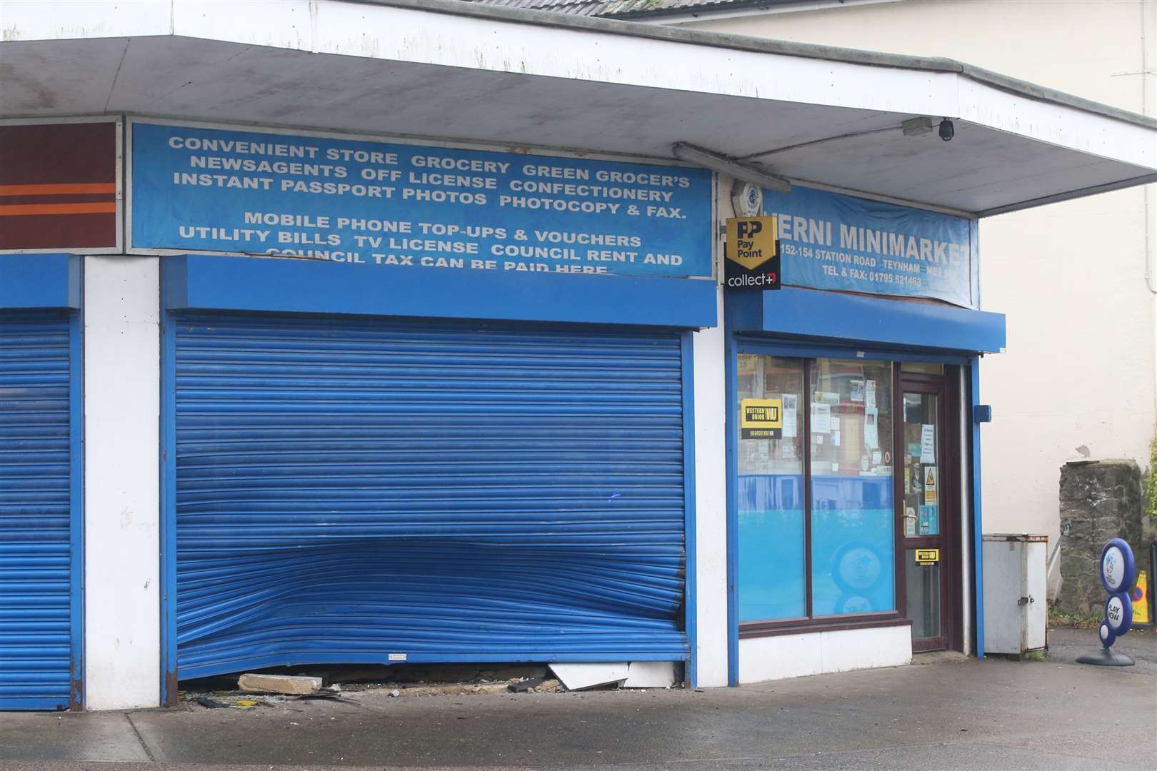 The aftermath of a stolen car going through the front of Verni's Mini Market, in Station Rd, Teynham