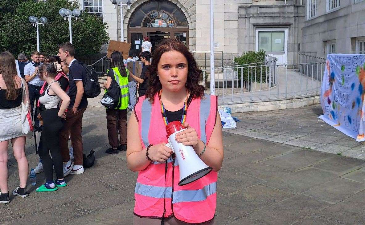 Macy Oshea, 17, Gravesend is part of GYG youth group protesting outside County Hall