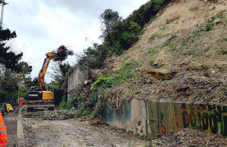 Fallen trees being cleared from the collapsed cliff along the Road of Remembrance. Picture: KCC