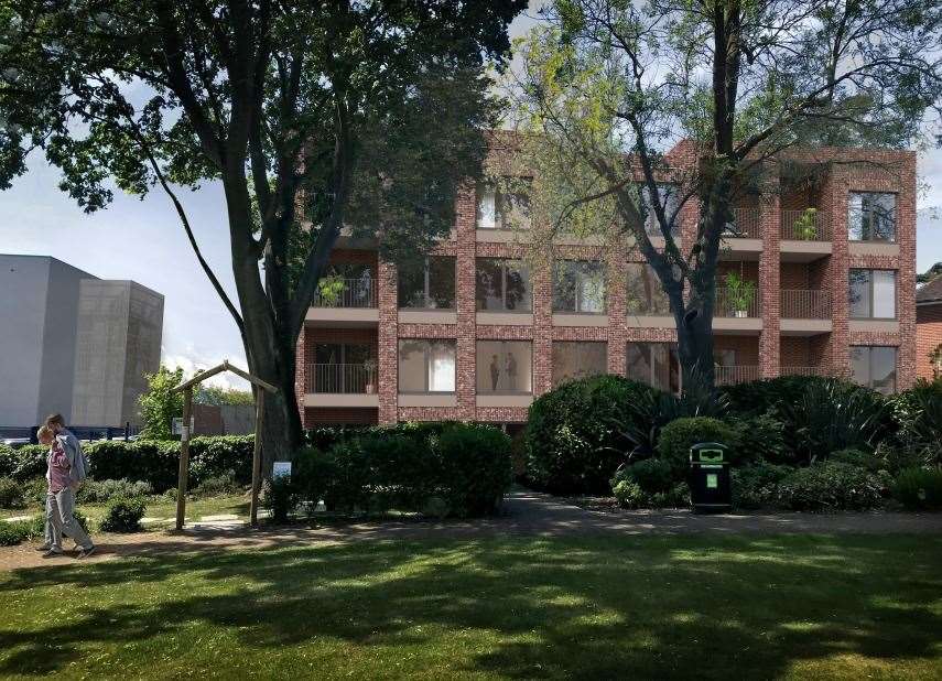 A computer-generated view of the Swanton House development from the Memorial Gardens