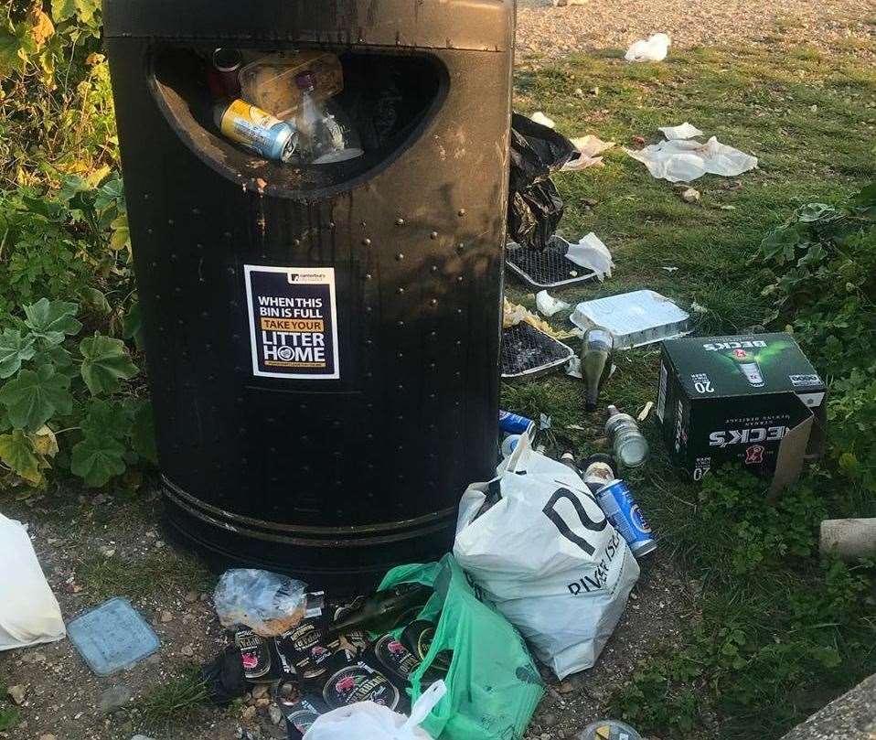 Bins overflowing in Whitstable on Easter bank holiday weekend, in April. Pic: Plastic Free Whitstable