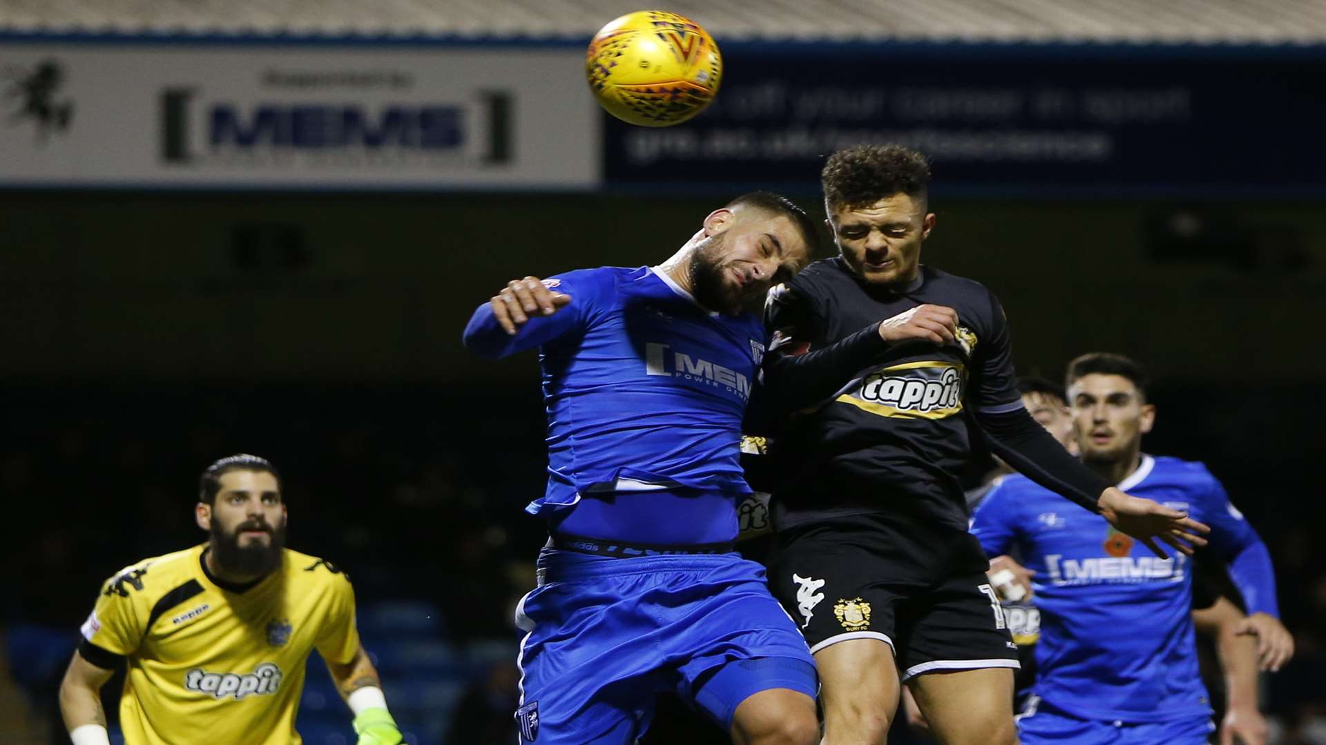 Max Ehmer and Bury's Jordan Williams in aerial combat Picture: Andy Jones