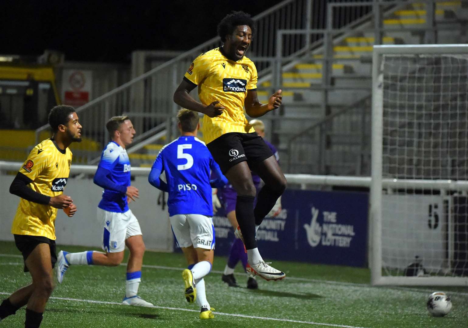 Devonte Aransibia celebrates his penalty opener. Picture: Steve Terrell