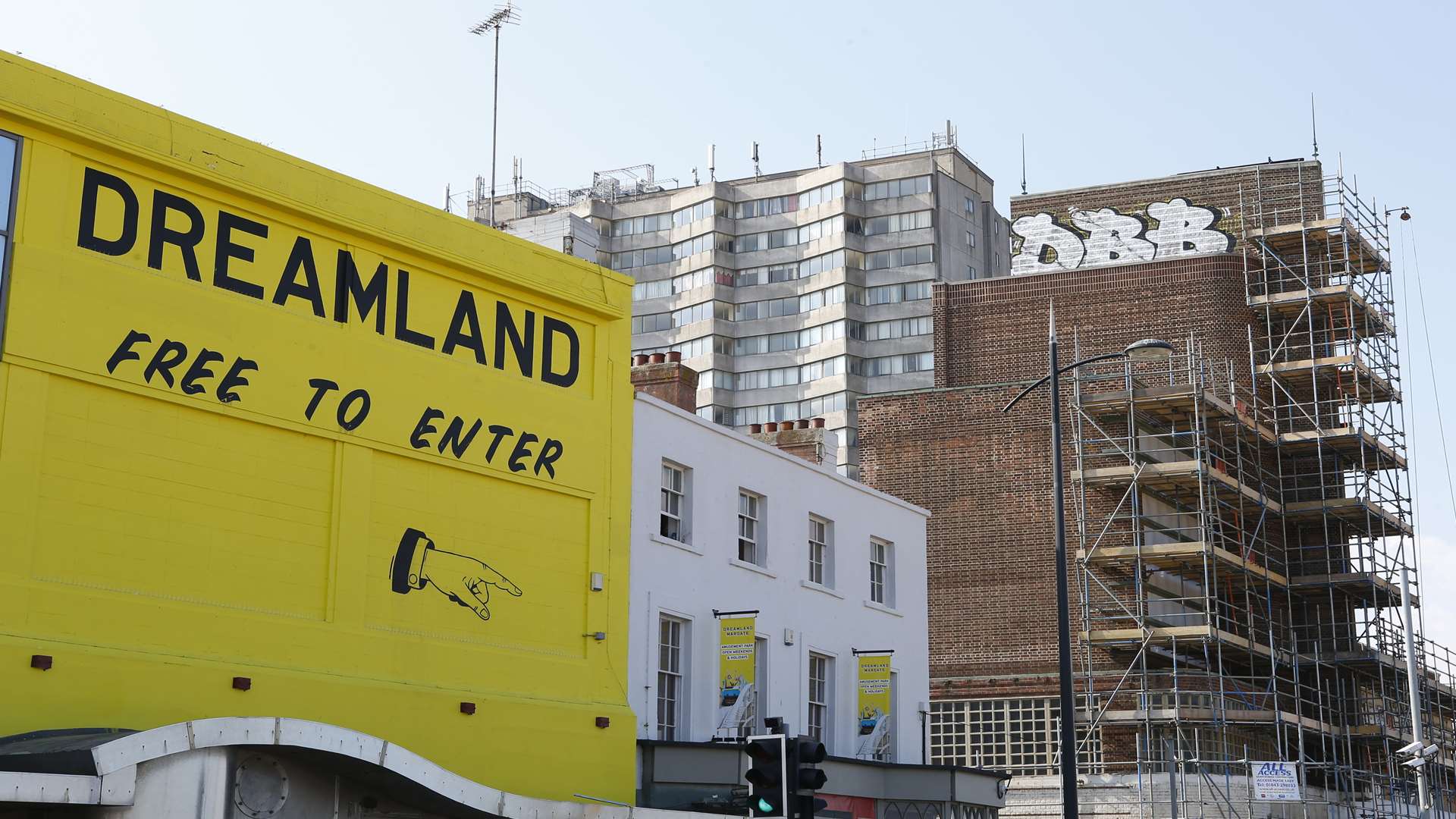 The tower is clad in scaffolding as restoration work takes place