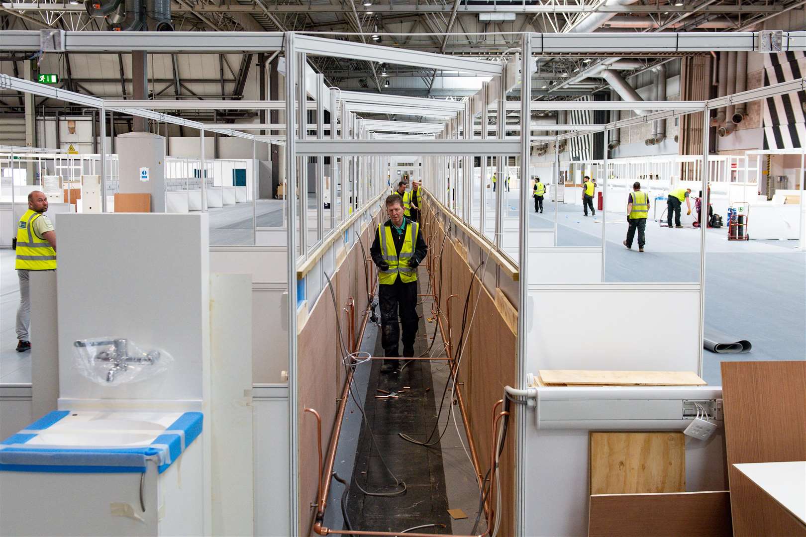 Work continues at the new temporary NHS Nightingale Birmingham Hospital at the NEC in Birmingham (Jacob King/PA)