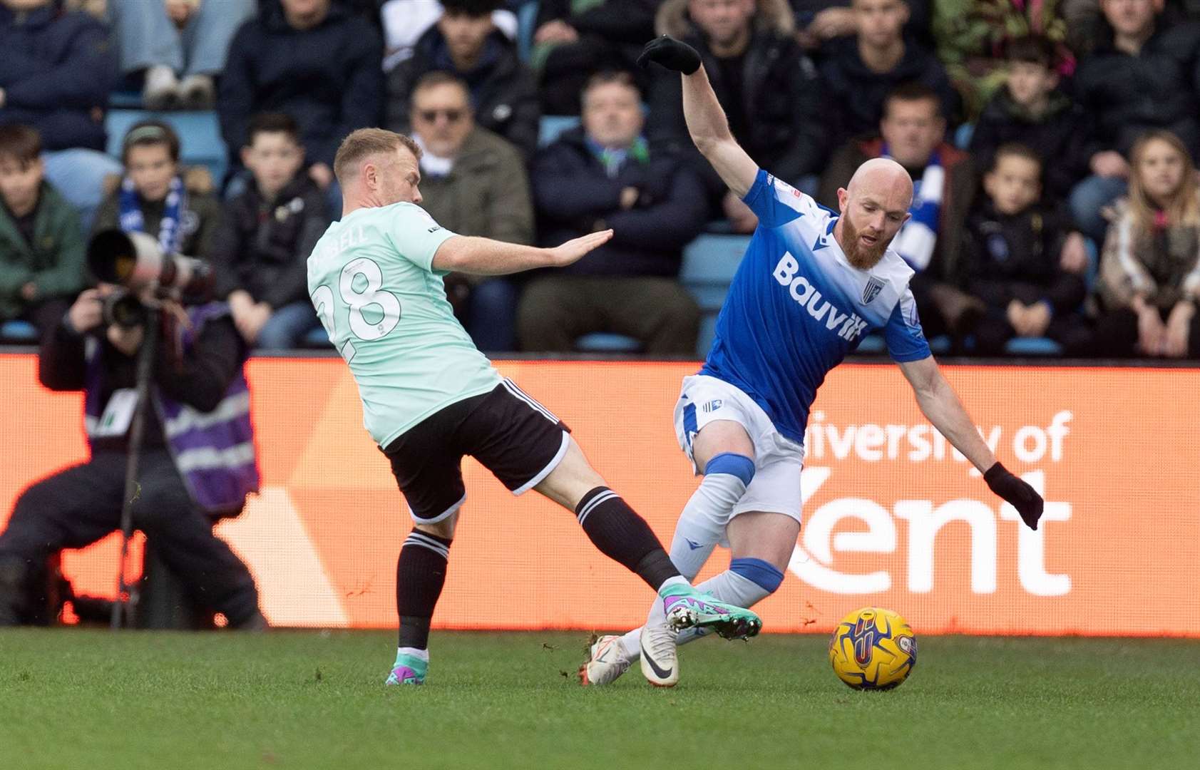 Jonny Williams goes in for a challenge during Gillingham’s defeat to Crawley Town Picture: @Julian_KPI