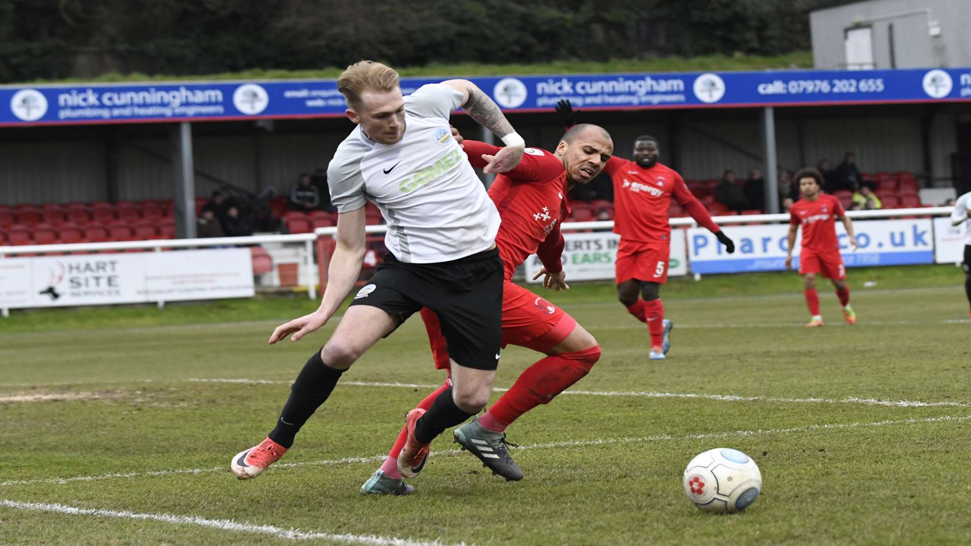 Mitch Pinnock challenging for the ball against Leyton Orient. Picture: Tony Flashman