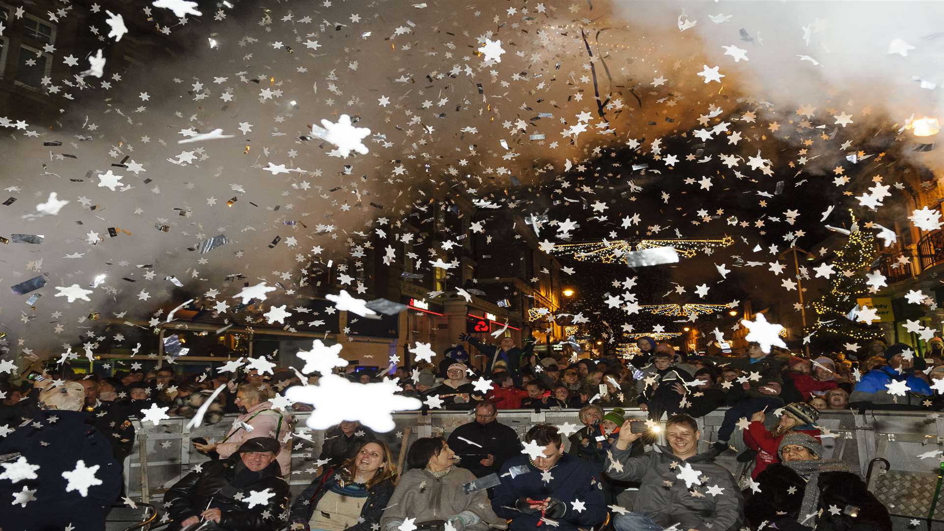 The lights come on and snow starts to fall. Dartford Christmas Lights switch-on 2016