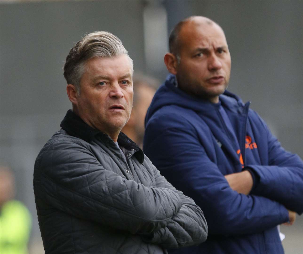 Dartford boss Steve King and assistant Craig Belgrave watch on from the sidelines. Picture: Andy Jones (42745554)