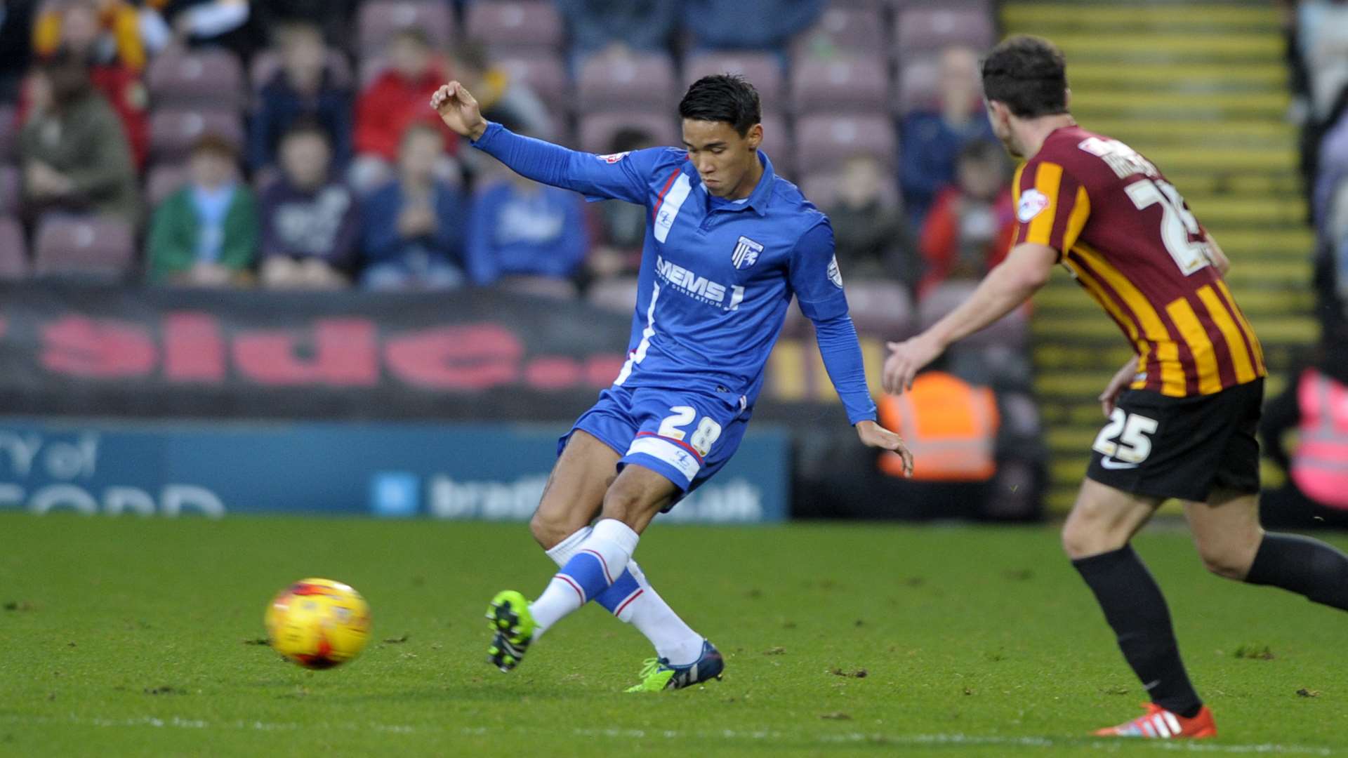 Brighton loanee Adam Chicksen up against Bradford Picture: Barry Goodwin