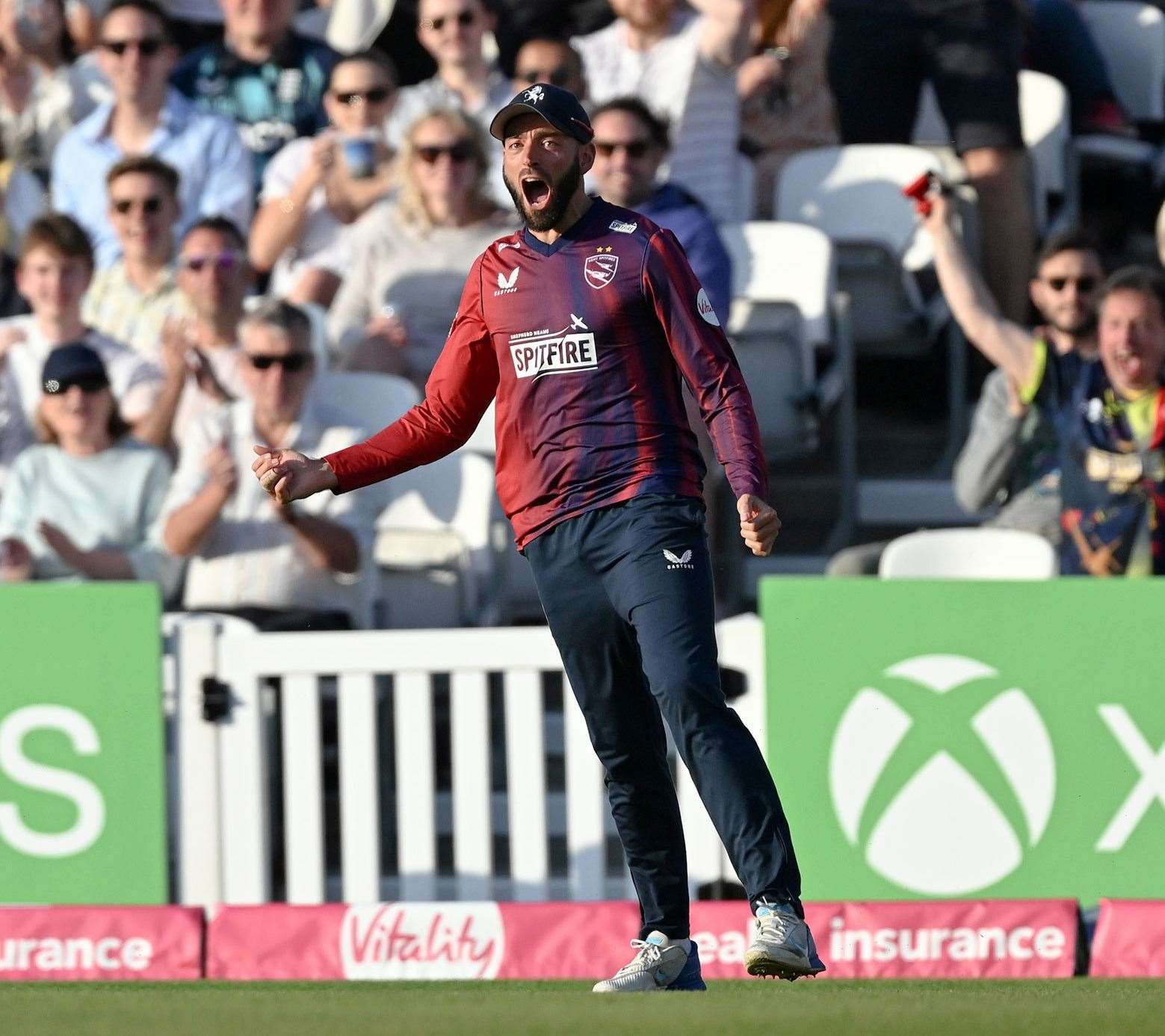 Jack Leaning celebrates catching Jamie Smith in a match against Surrey in their 2023 T20 Blast campaign. Picture: Keith Gillard