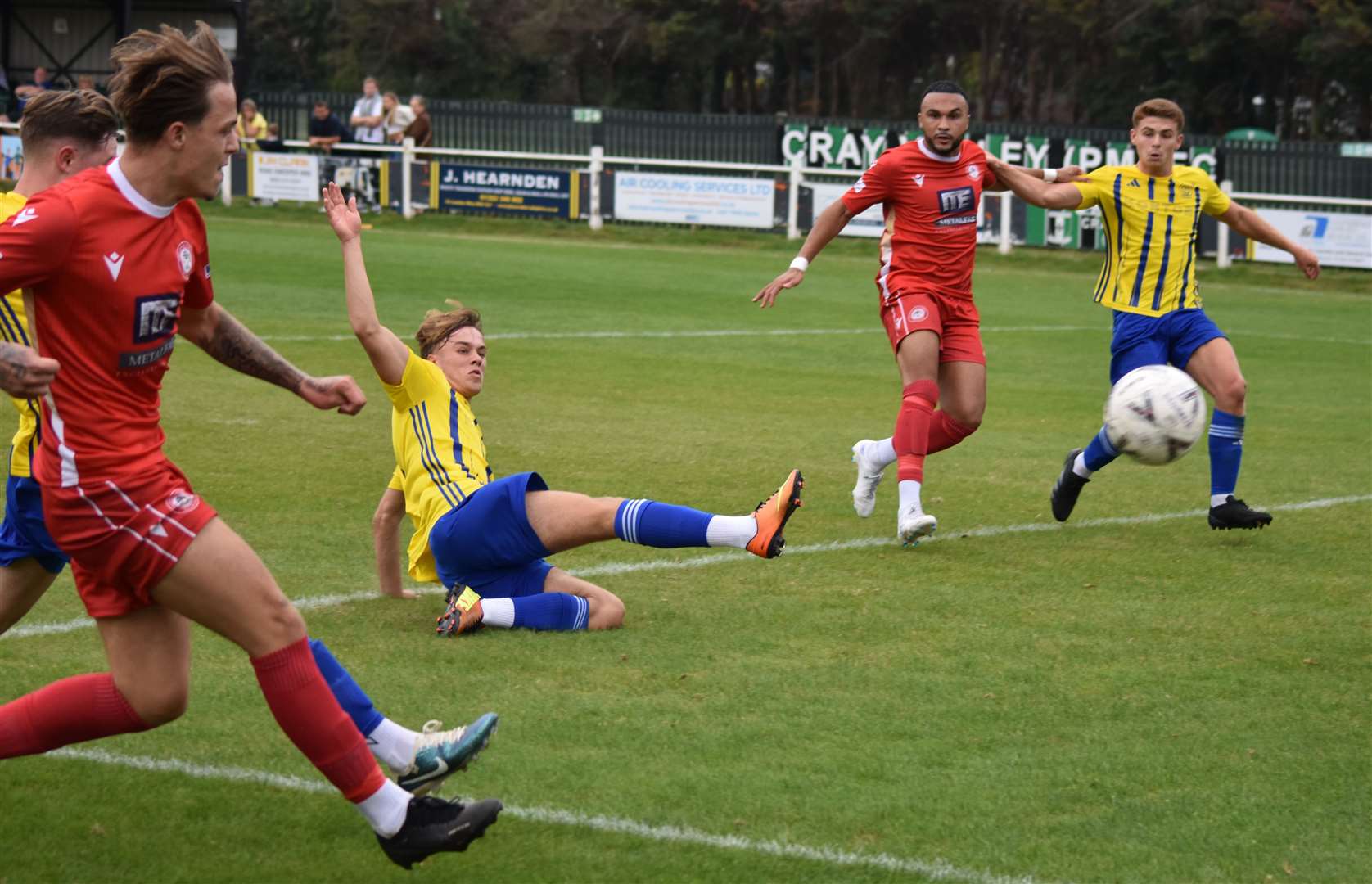 Harvey Welford puts Hollands & Blair 1-0 up at Stansfeld in Southern Counties East. Picture: Alan Coomes