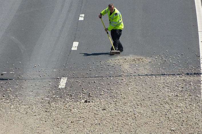 Crews are clearing up aggregate on the carriageway. Picture: @Kent_999s