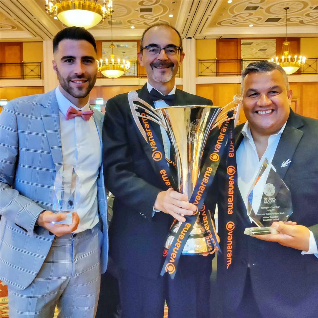 Player-of-the-year Joan Luque, Maidstone co-owner Oliver Ash and manager-of-the-year Hakan Hayrettin at the National League gala in 2022. Picture: Helen Cooper