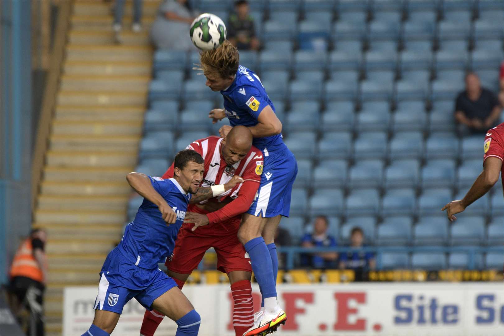 Will Wright gets up for the header. He wants to be more of a threat in attacking situations for Gillingham. Picture: Barry Goodwin