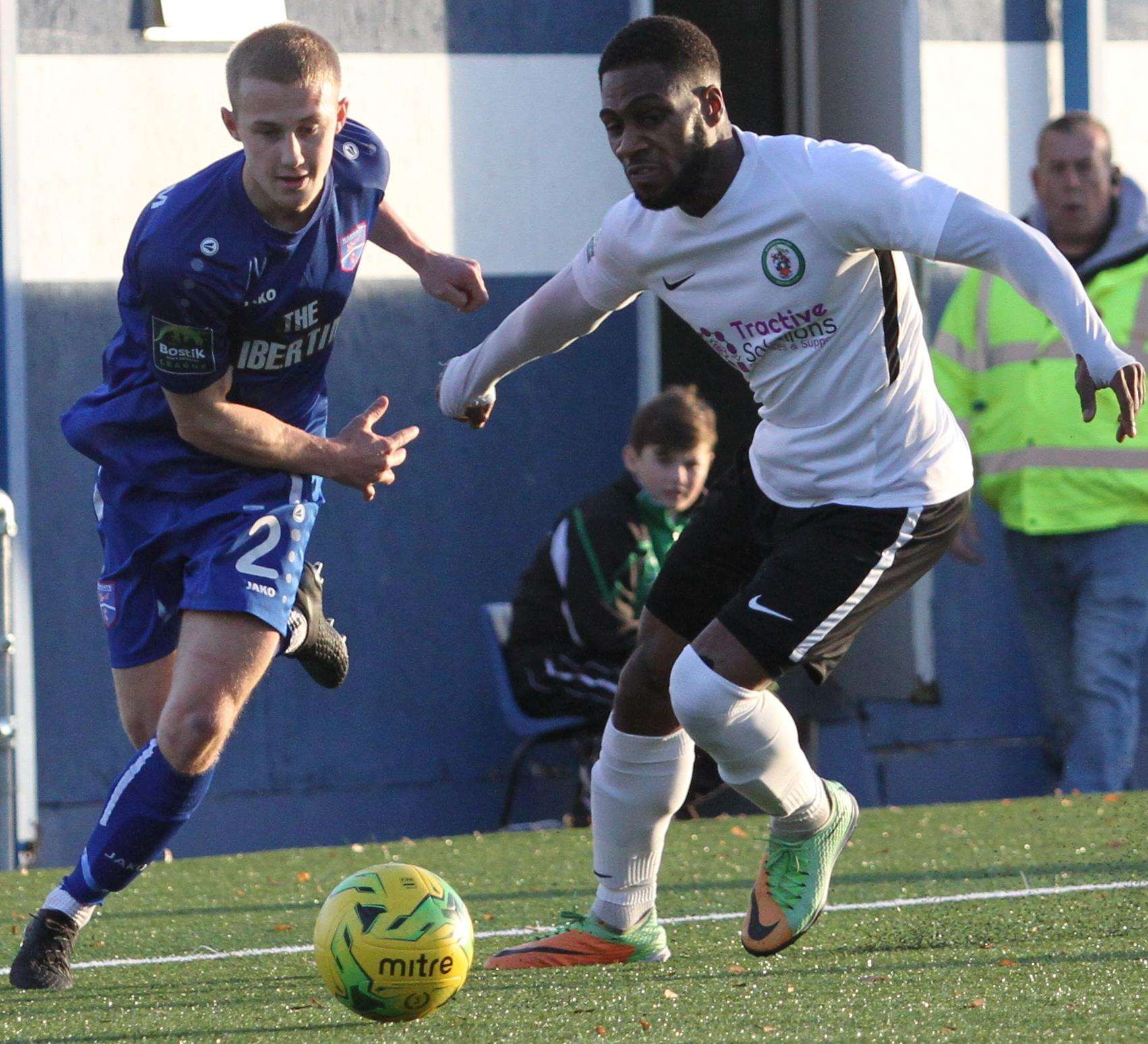 Margate's Jack Paxman bursts forward against Burgess Hill Picture: Don Walker