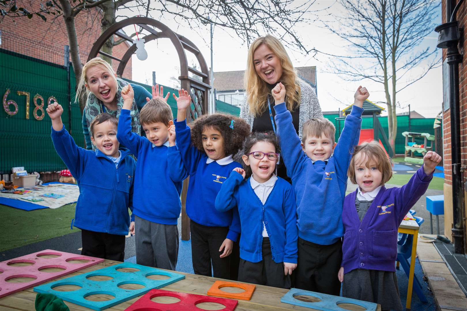 Pupils Roman, Nathan, Imaan, Peyton, Mason and Faith with assistant heads Hannah French and Sarah Higham