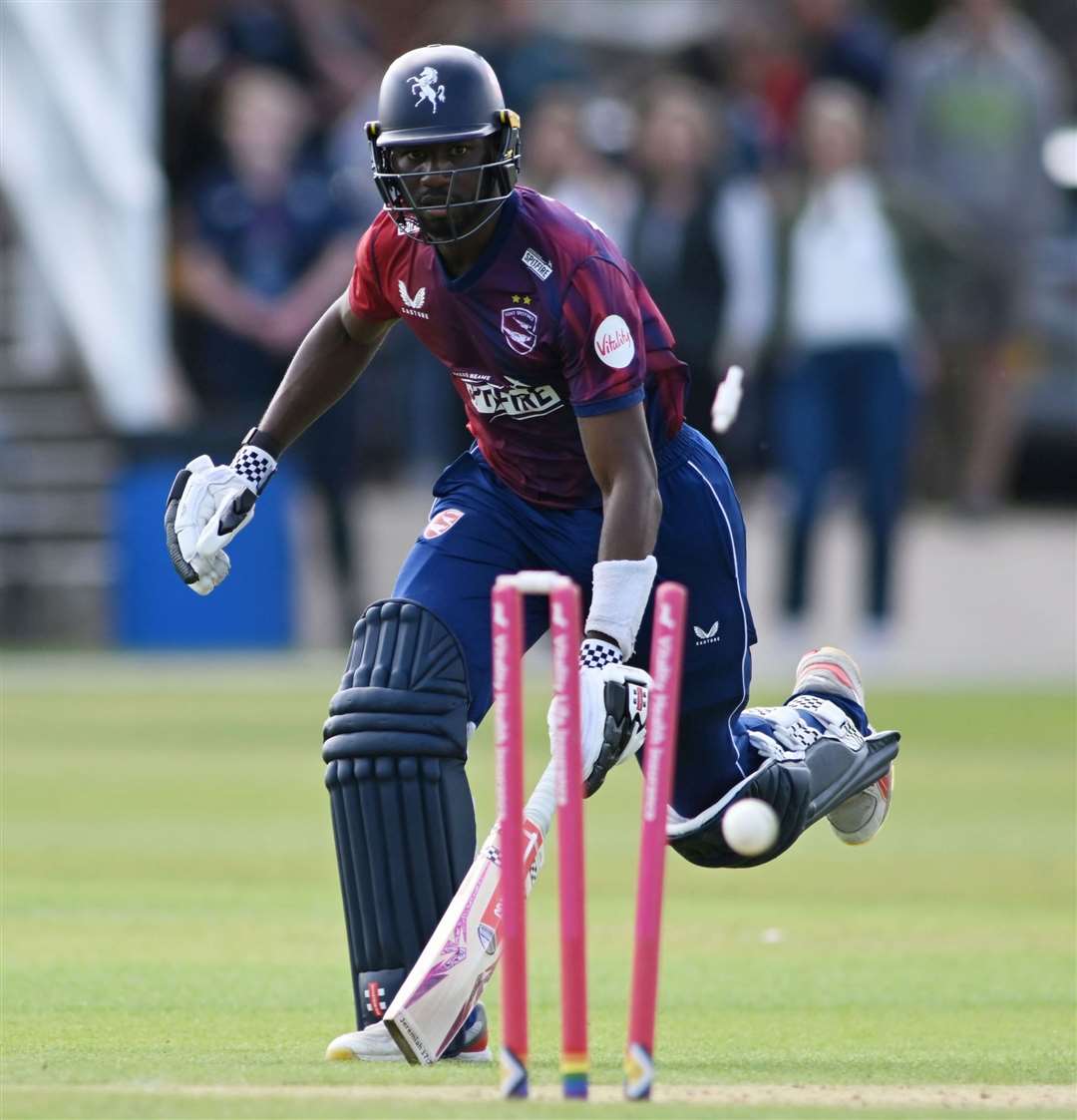 Tawanda Muyeye is run out on an afternoon to forget for Kent Spitfires. Picture: Barry Goodwin