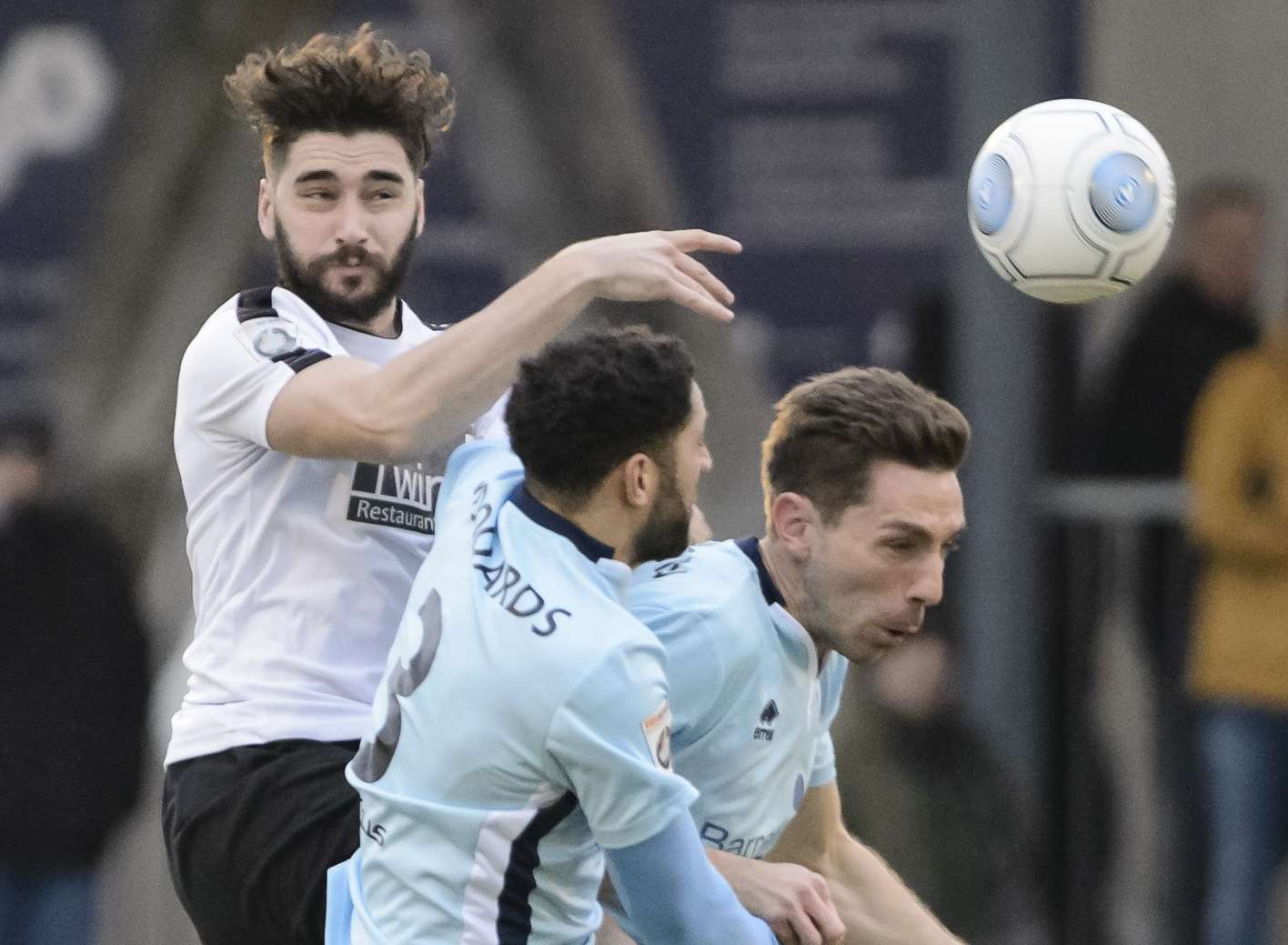 Dartford's Alex Brown challenges against Boreham Wood. Picture: Andy Payton