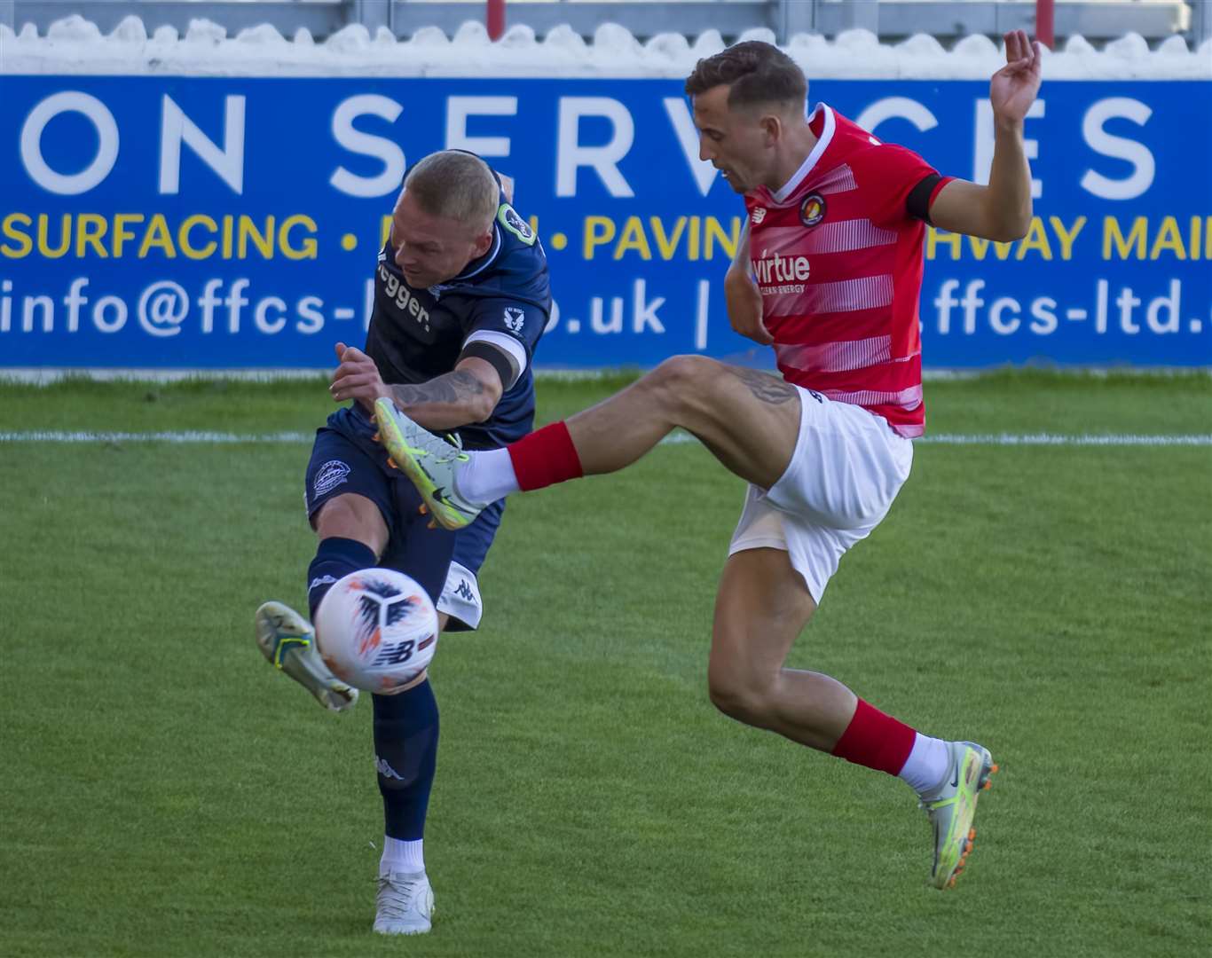 Ebbsfleet's Ben Chapman closes down Dover full-back Myles Judd during Saturday's FA Cup tie. Picture: Ed Miller/EUFC