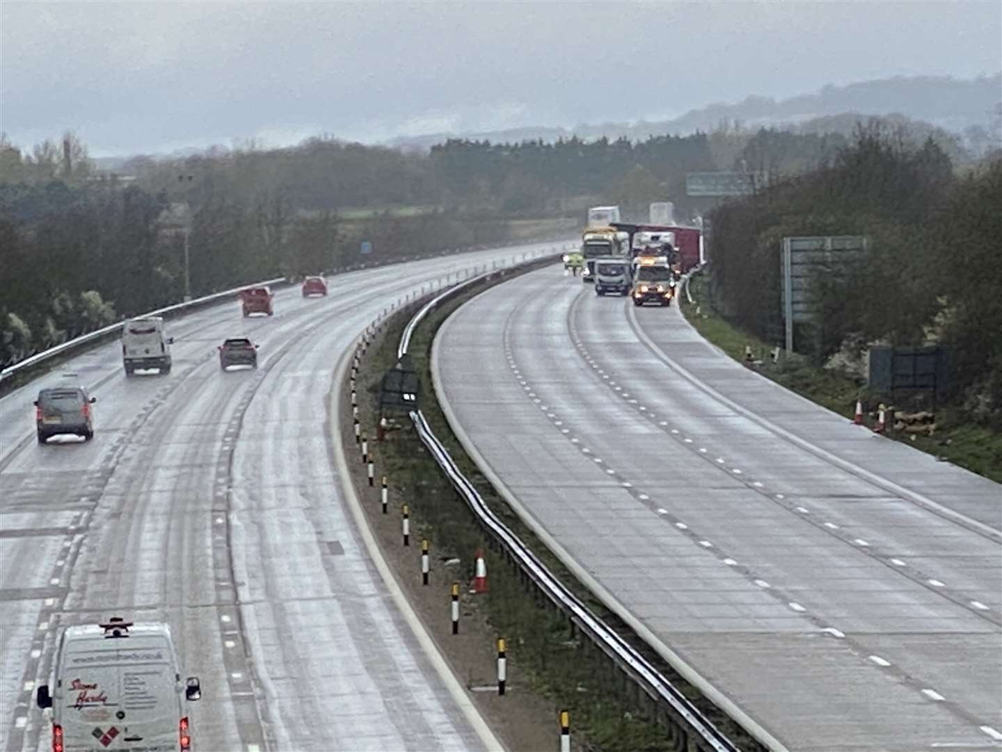 The M20 remains closed following the collision. Pictures taken from Sandyhurst Lane bridge, in Ashford. Picture: Barry Goodwin