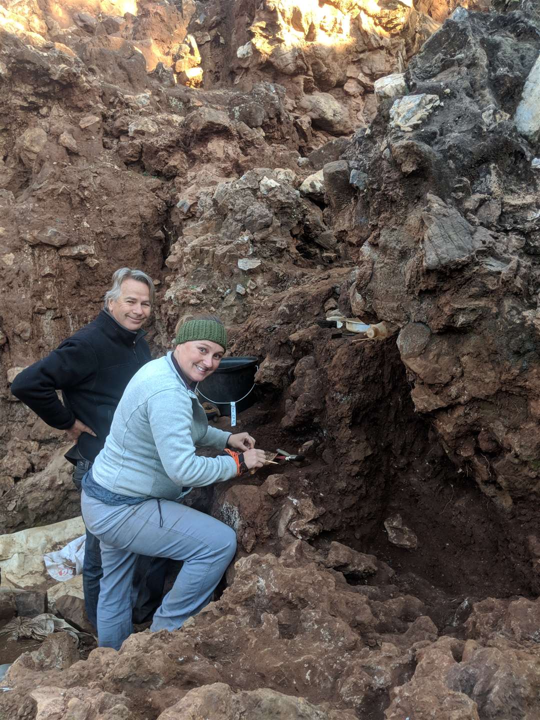 Stephanie Baker, a PhD candidate at the Palaeo-Research Institute at the University of Johannesburg, with a member of the research team (Andy Herries/La Trobe University)