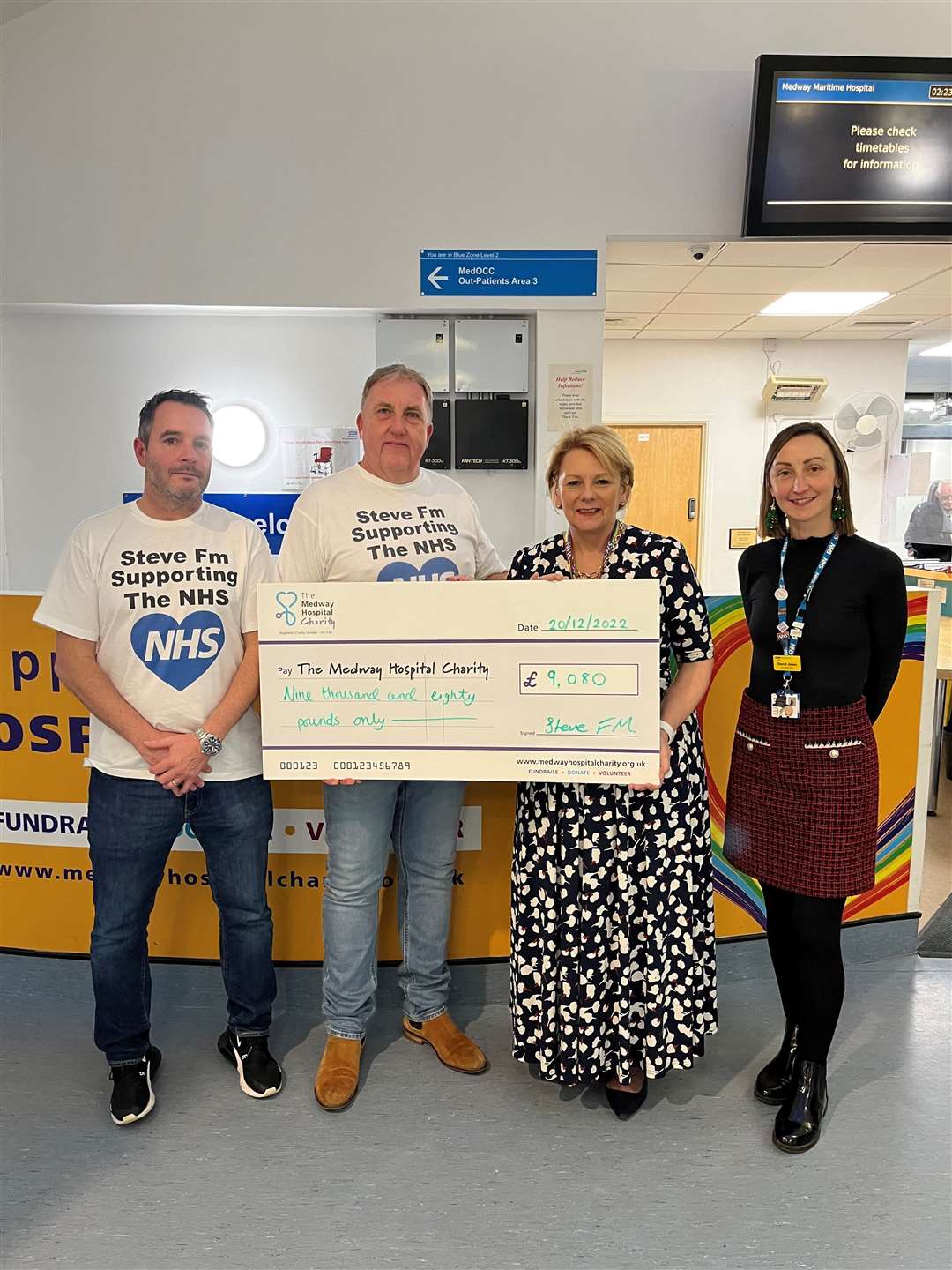 Lordswood DJ Steve Parish and friend Neil Diamond presenting the cheque to Chief Executive Jayne Black and Fundraising Officer Cheryl Jones