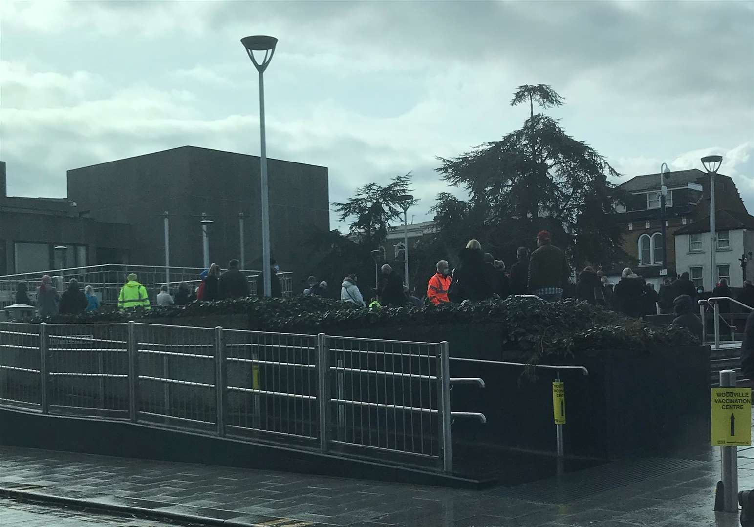 Queues of people waiting for their Covid vaccine outside the Woodville in Gravesend on Monday. Picture: Julie Cherry