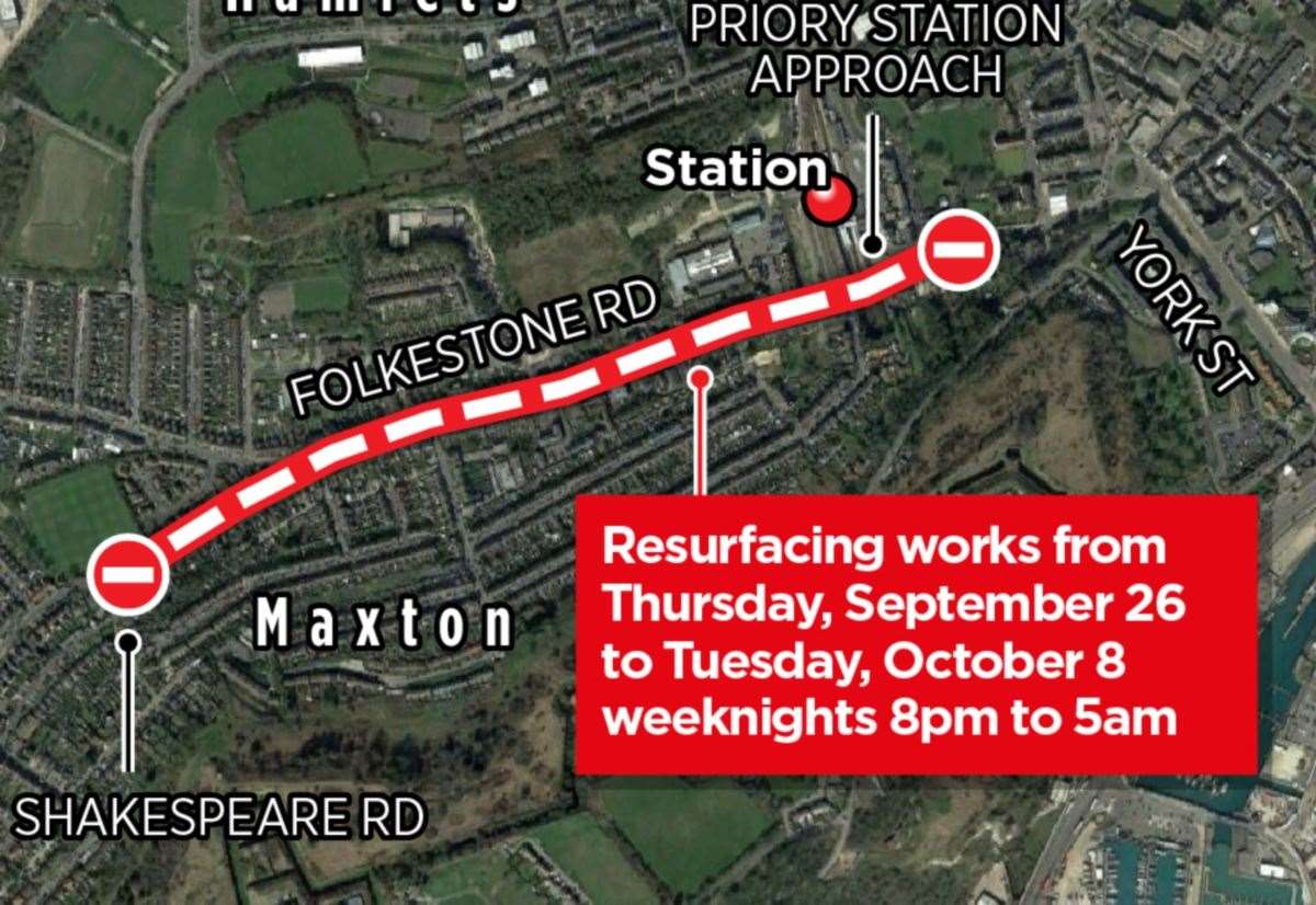 Where exactly the Folkestone Road works in Dover are and when