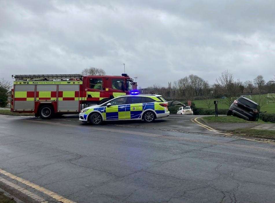 A car stuck on an embankment in Farleigh Road, Canterbury