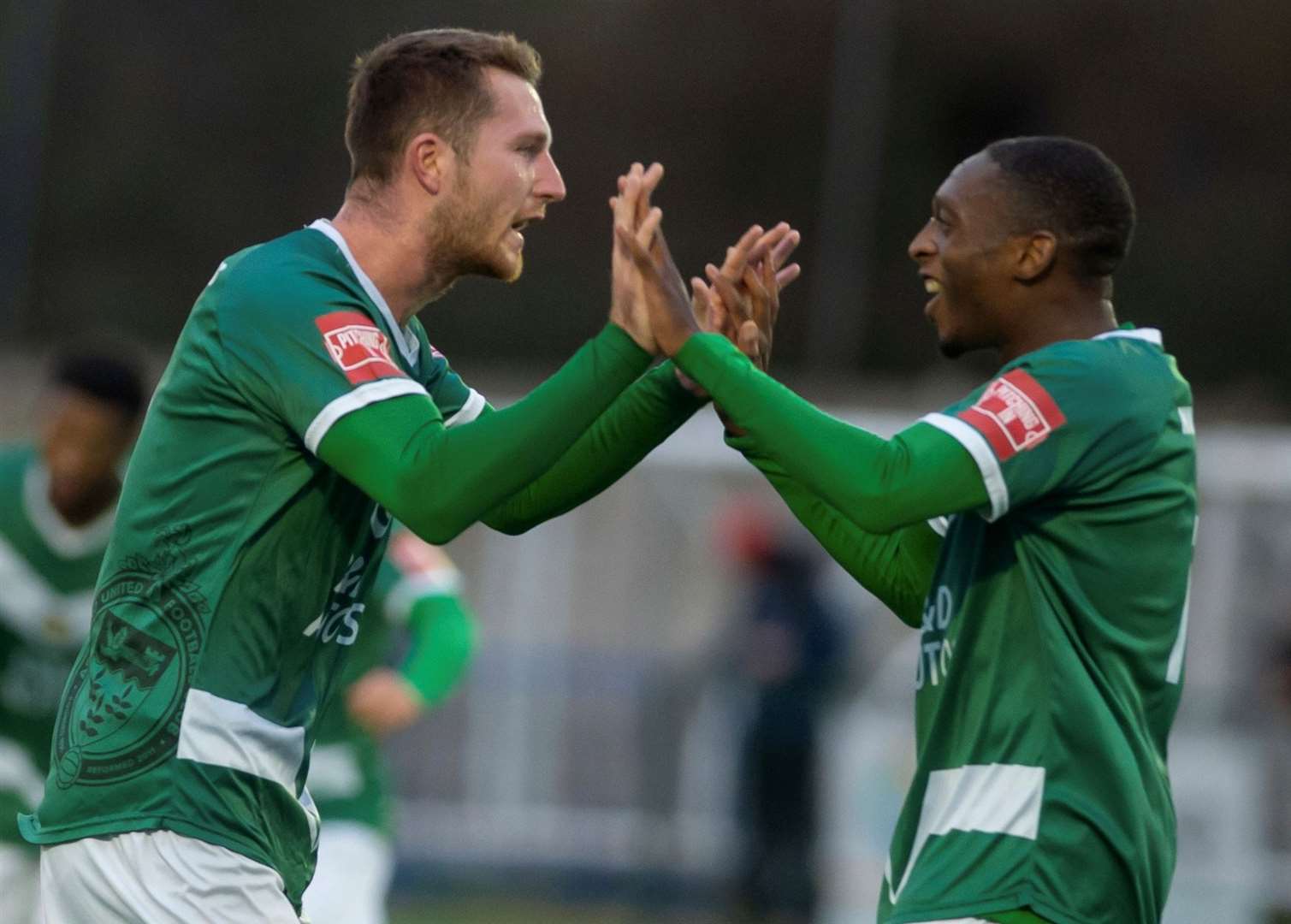 Harvey Brand, left, celebrates his equaliser against Sheppey with Lanre Azeez. Picture: Ian Scammell