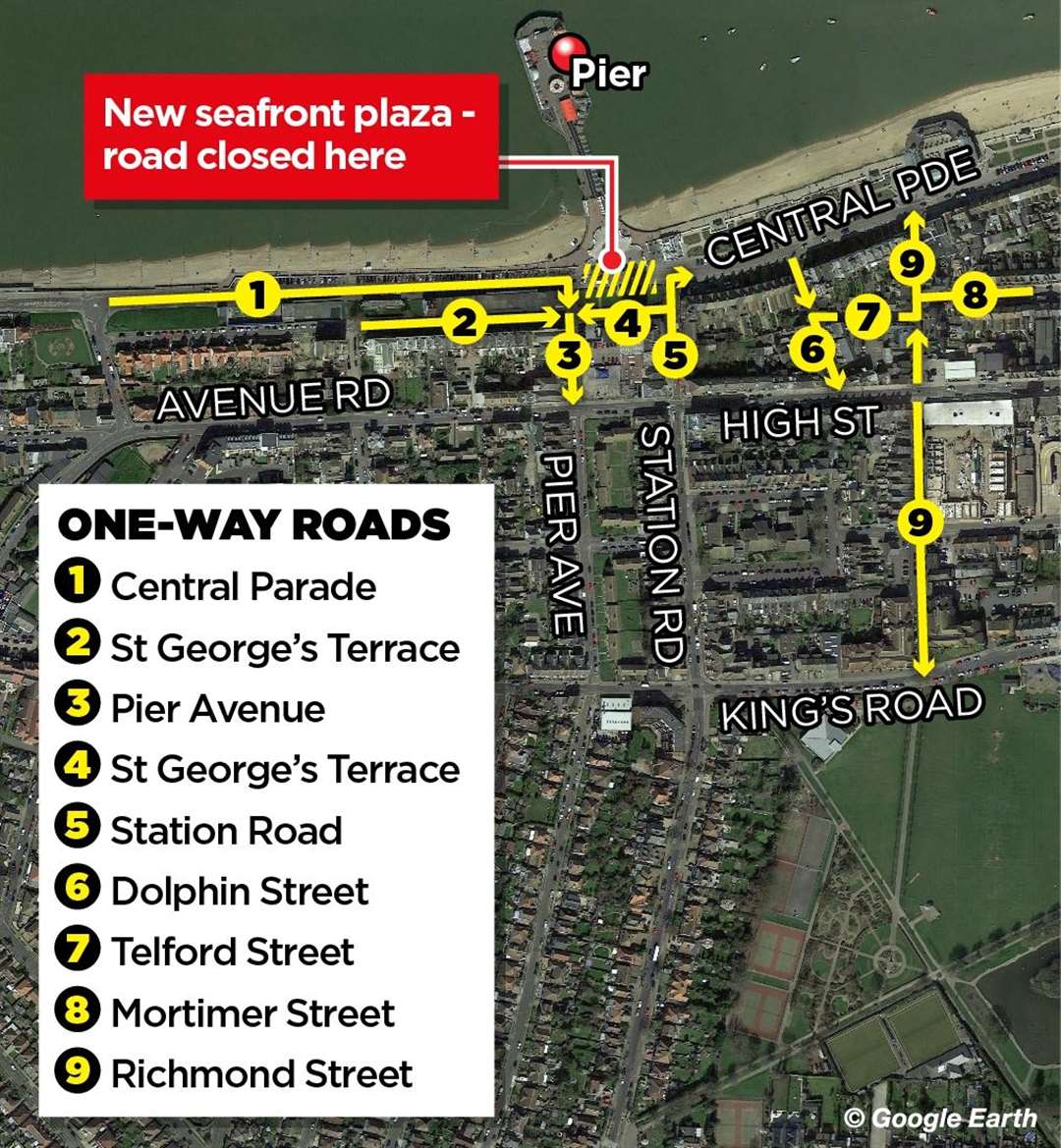 A graphic showing the new one-way system in Herne Bay and the recently-installed Central Parade plaza